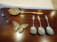 6 Vintage Metal Pewter Souvenir Decor Spoons, Butterfly & Bell