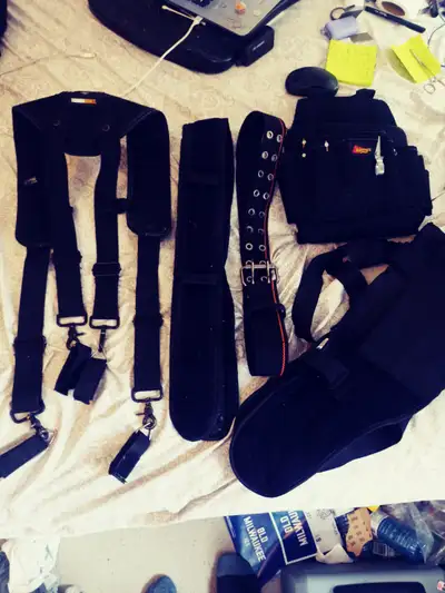 Kunys EL-5505, Kunys AP-450 tool pouches, Arsenault belt, Toughbuilt suspenders, back brace. All ver...