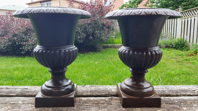Pair of Small Antique Cast Iron Urn Planters (10.5 inches tall) for sale  