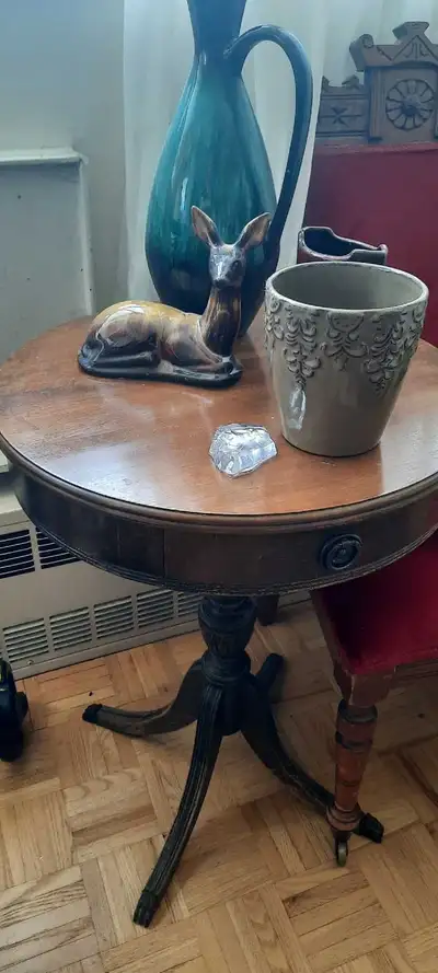 small round antique table with drawer in good condition , View more