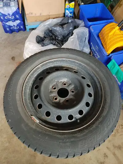 4/32 tread depth left. Good for another winter season. Whole set with steel rims.