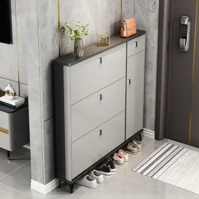 Slim Shoe Cabinet – Modern Entryway Storage Organizer Grey/White, View more