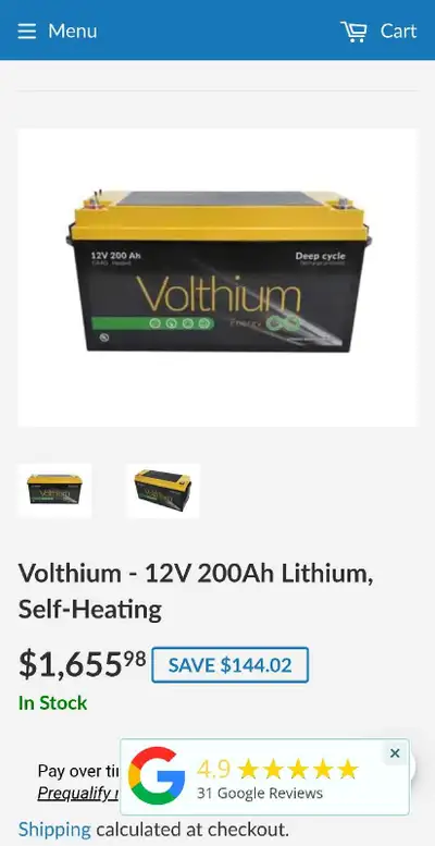 4 like new batteries less than 50 cycles each from the 3500 life cycles. Volthium auto heating Bluet...
