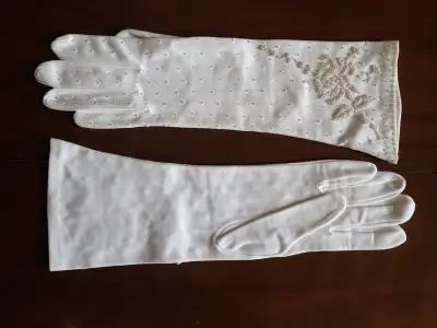 6 Pair of Different Whit Dress Gloves, Satin, Leather and Beaded, View more