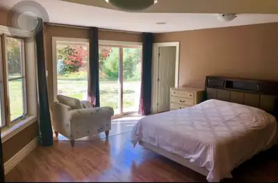 Room suite in the walkout basement of a house, with private bathroom, separate entrance facing the b...