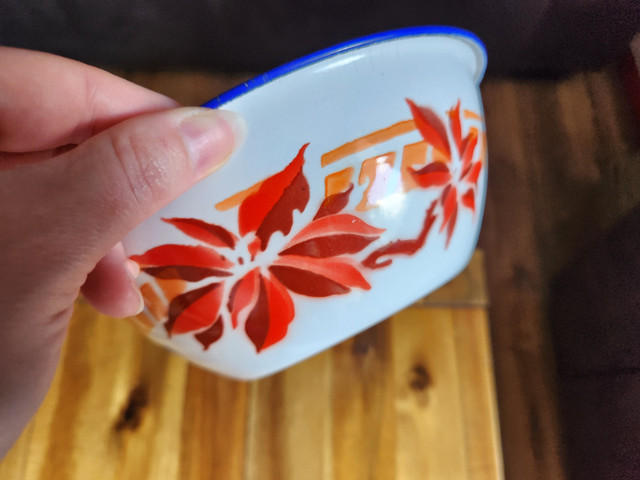 Enamelware bowl with lid (marked 'Bumper Harvest') in Arts & Collectibles in Fredericton - Image 2