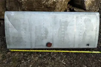 Aircraft fuel tank reservoir. Beautiful riveted construction. 54" long 21" wide 7.5" tall Markings:...