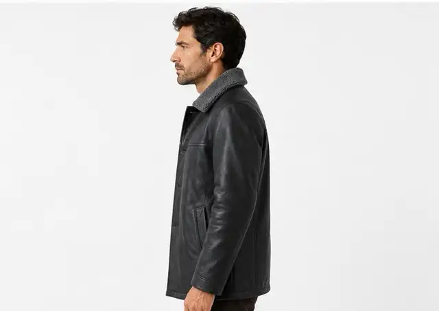 Men’s Black Sherpa Collar Leather Jacket in Men's in Oshawa / Durham Region - Image 6