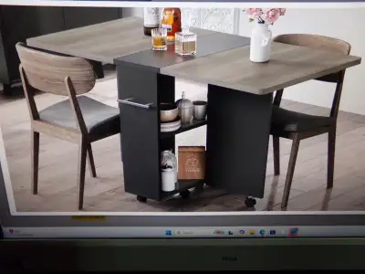 6 PERSON,SPACE SAVING,DROP LEAF,FOLDING,DINING TABLE ON WHEELS., View more