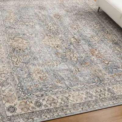 Like New Rug: Weathered Floral Tapestry in Slate & Cream, View more