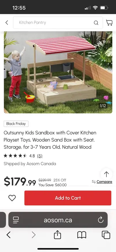Kids Sandbox with Cover Kitchen Playset Toys, Wooden Sand Box with Seat, Storage, for 3-7 Years Old,...