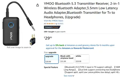 YMOO Bluetooth 5.3 Audio Transmitter Receiver, 2-in-1, View more