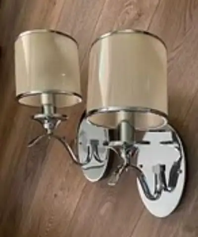 Pair of Chrome wall lights with shades, View more