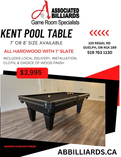 New Kent pool table, recent installation photos shown, available in 7 foot, 8 foot, and 9 foot size....