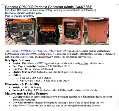 Generac GP8000E Portable Generator, View more