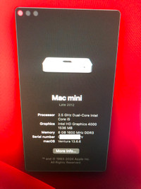 Mac Mini i5 running Mac OS Ventura w/SSD/Office/Delivery