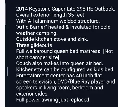 I'm selling my 2014 Keystone Super-Lite 298 RE Outback, a 35-foot travel trailer in excellent condit...