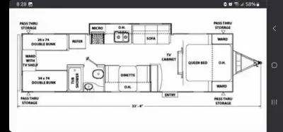 Great condition - kitchen is a half slide. Air conditioner Hot water heater is electric and propane...