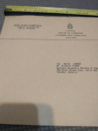 1993 envelope from House of Commons, Jean Chretien