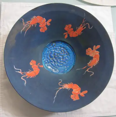 Vintage Blue Studio Art Pottery Raku Bowl Shrimp Design Susan 98, View more