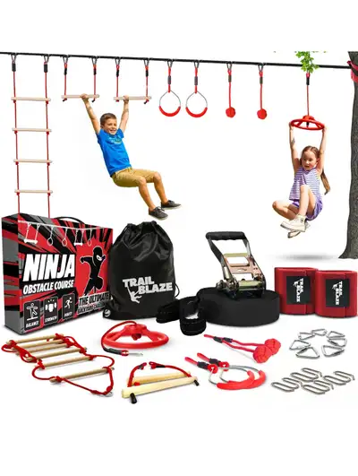 Brand New Ninja Warrior Obstacle Course for Kids Workout Equipment, 60ft Slackline with 8 Weatherpro...
