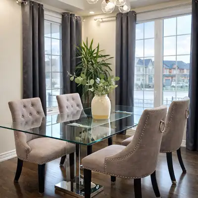 Modern Glass Dining Table + 4 Chairs – Like New (79” x 40”), View more