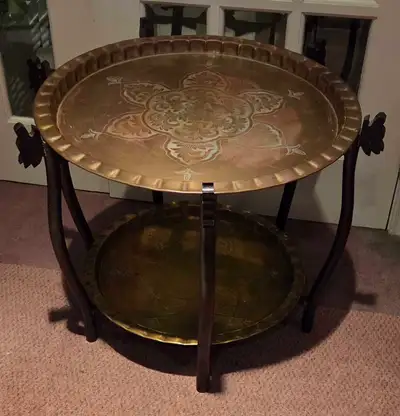 MCM Two-Tiered Round Engraved Brass Charger Tea Tray Table, View more