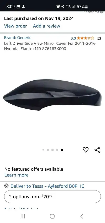 Two left (driver's side) mirror covers for a Hyundai Elantra. One black and one white. $15 each. Bra...