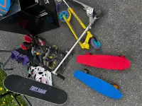 skateboards, helmets, scooters, skates