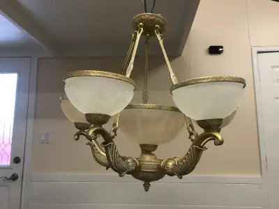 Large Vintage 6-Light Solid Brass Chandelier with Alabaster Glas, View more