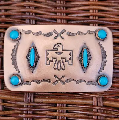 Boucle de ceinture en cuivre et turquoise Copper Belt Buckle, View more