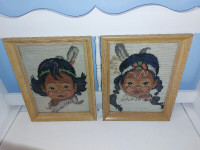 Pair Vintage Needlepoint Pictures Framed Native Indian Children