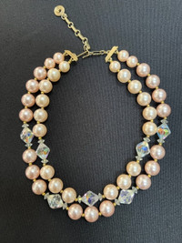 Double-strand faux pearl and crystal Lisner necklace