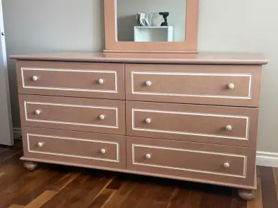 Like new solid wood 6 drawer dresser with mirror and end table, View more
