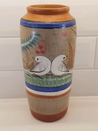 Mexican Pottery Hand Painted Vase Signed Pretty Birds