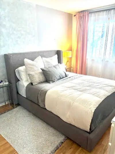 Lit queen structube : 150$ (Sans matelas) Armoires penderie ikea PAX : 150$ Meuble télé besta : 150$