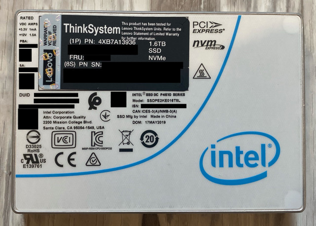 Lenovo Intel P4610 1.6TB PCIe 3.1 x4 U.2 NVMe 2.5" SSD in System Components in Oakville / Halton Region