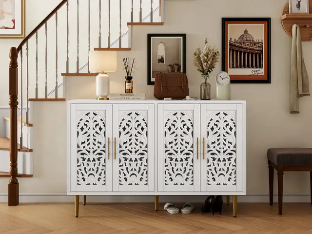 47.8" White 4-Door Vintage-Style Hollow Carved Accent Cabinet in Hutches & Display Cabinets in Markham / York Region - Image 11