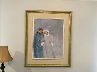 Grand tableau de l’artiste-peintre Hélène Leveillée, transfert sur toile de qualité, encadrement pro...