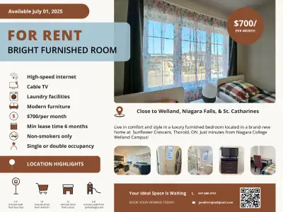 Bright Furnished Room for Rent –Thorold/Welland