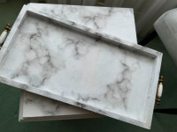 TABLE + TRAY, Faux marble painted white + brass accents