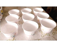 10 MILK GLASS PINK FLOWERS COFFEE/TEA CUPS, MADE IN FRANCE
