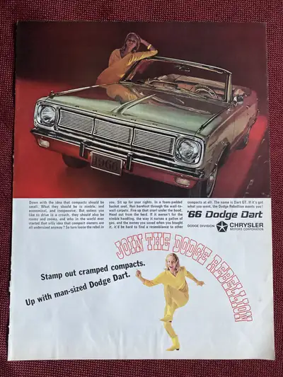 «Stamp out cramped compacts. Up with man-sized Dodge Dart. »» Dimensions : 10 1/4 inches wide by 13...