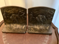 1910 Antique Bronzed Metal Figural Buffalo Hunters Bookends