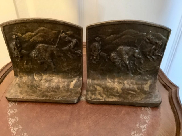 1910 Antique Bronzed Metal Figural Buffalo Hunters Bookends in Arts & Collectibles in Belleville