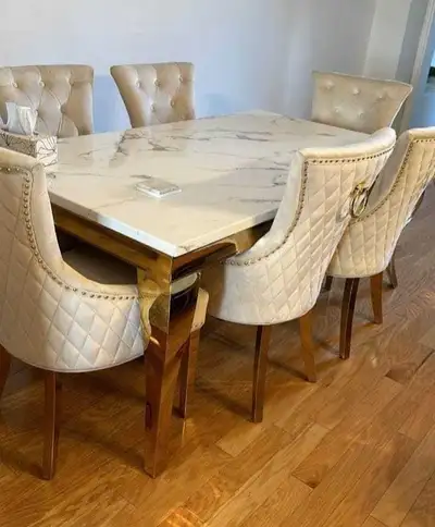 Marble Dining Table Set with Quilted Chairs – Modern 6 Seater, View more