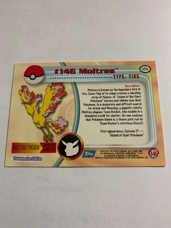 Moltres #146 Pokemon TV Animation TOPPS Blue Logo Non Holo NM/MT dans Art et objets de collection  à Longueuil/Rive Sud - Image 4