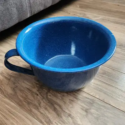 Blue speckled enamelware decorative chamber pot, View more