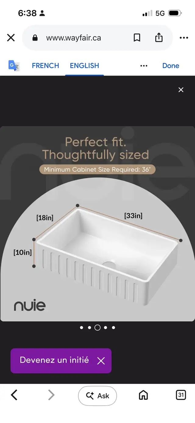 Nuie Butler EF10533 Kitchen Sink in Kitchen & Dining Wares in Mississauga / Peel Region - Image 5