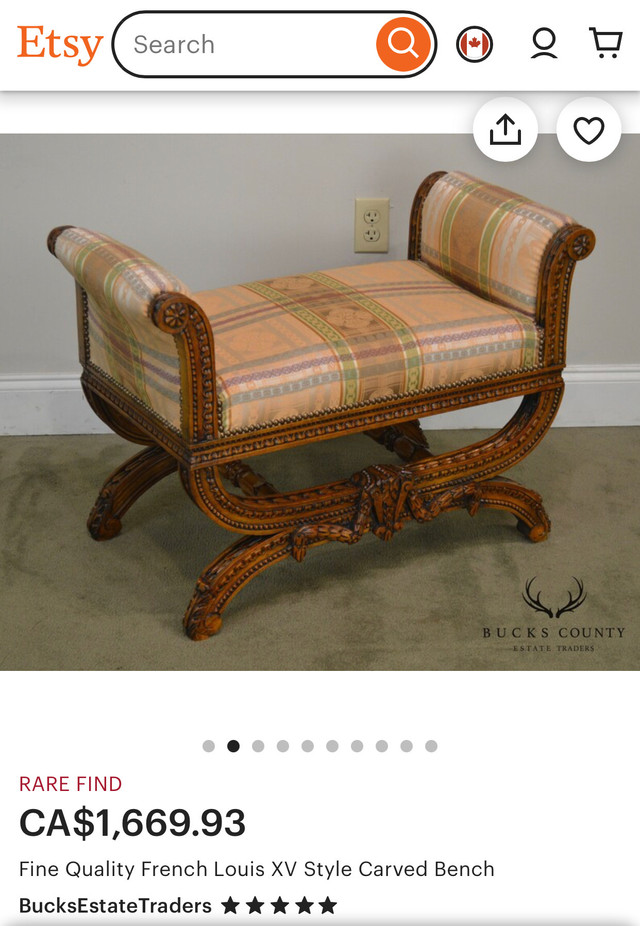 Vintage French Louis style large bedroom bench carved wood in Chairs & Recliners in Oshawa / Durham Region - Image 3